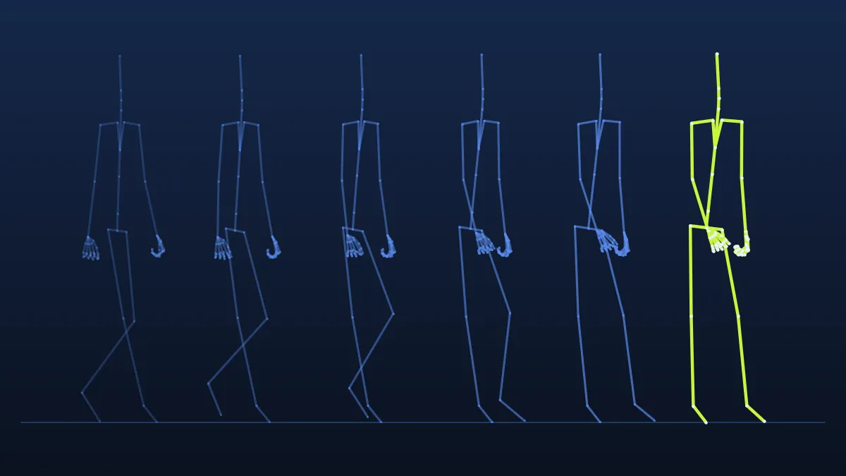 Full-body skeleton rendered from the sample BVH, shown at six moments of a walking take
