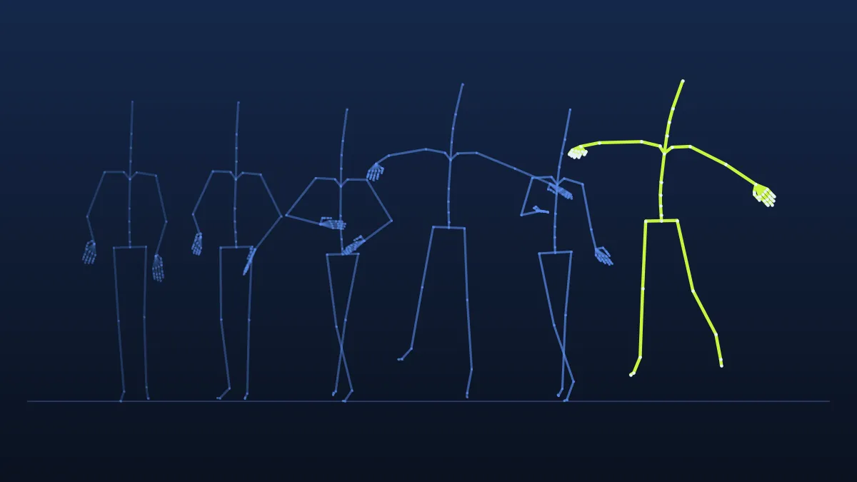 Full-body skeleton rendered from the sample BVH, shown at six moments of a dance take