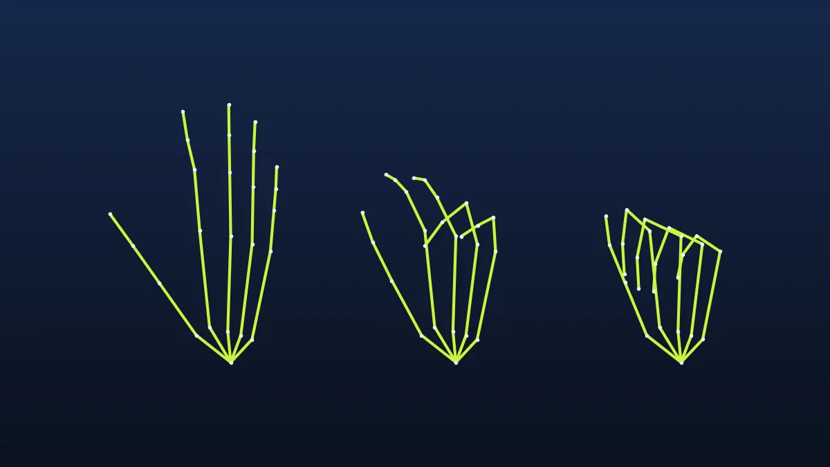 Hand skeleton rendered from the sample glove capture: open hand, partial grasp and closed fist