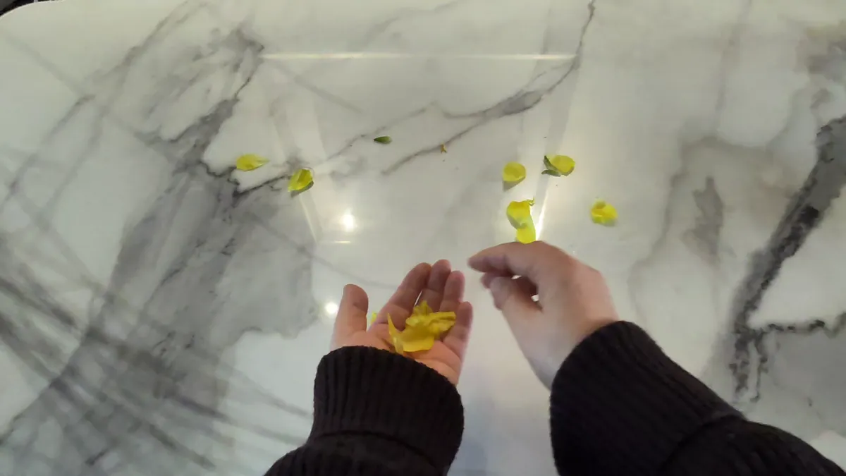 Headset camera view of hands gathering petals from a marble table