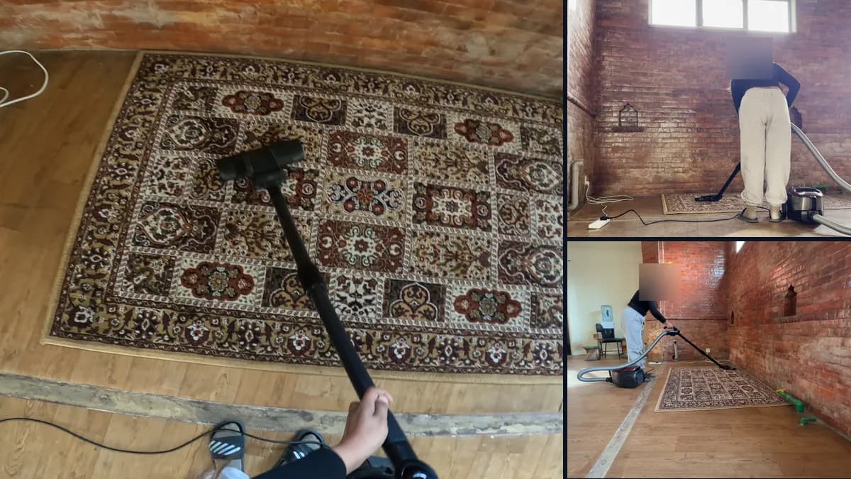 Head-mounted view of vacuuming a rug beside two fixed third-person views of the same take, with the person's head blurred